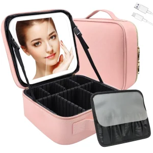 Makeup Bag with Mirror Travel Case Storage Cosmetic Organizer Light Up 3 Colors
