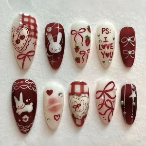 24PCS Wine Red Almond Press on Nails Cartoon Rabbit Bowknot with Plaid Pearl Designs.