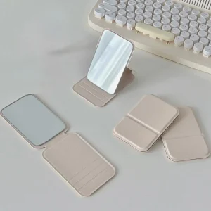 Desktop Makeup Mirror Solid Color PU Leather Simple Portable Handheld Makeup Mirror Foldable Student Compact Cute Pocket Mirror